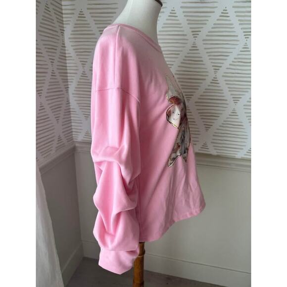 Women’s Small Christmas Nativity Bow Pink Ruched Sleeve Crewneck Sweatshirt - Picture 4 of 4